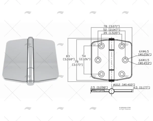 BISAGRA BUTTERFLY CENTRO 78 x 78mm SS316 MARINE TOWN