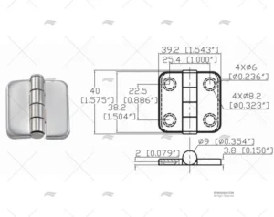 BISAGRA C/TAPA 38.2 X 39.2 mm INOX 316 MARINE TOWN