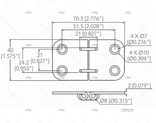 BISAGRA INOX SS316 40 X 70,5mm MARINE TOWN