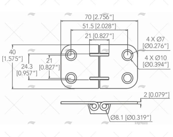 BISAGRA INOX SS316 40 X 70mm MARINE TOWN